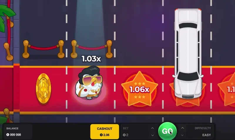 Chicken Road Vegas hero image showing Elvis penguin character on red carpet with golden stanchions, multipliers, and game interface